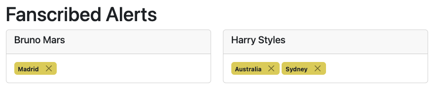Fanscribed alerts for Bruno Mars and Harry Styles around global cities